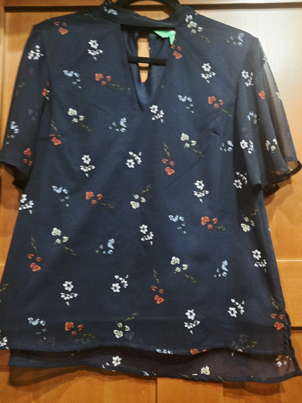 dip Navy Floral Keyhole Top with Red, White and Light Blue Blossoms